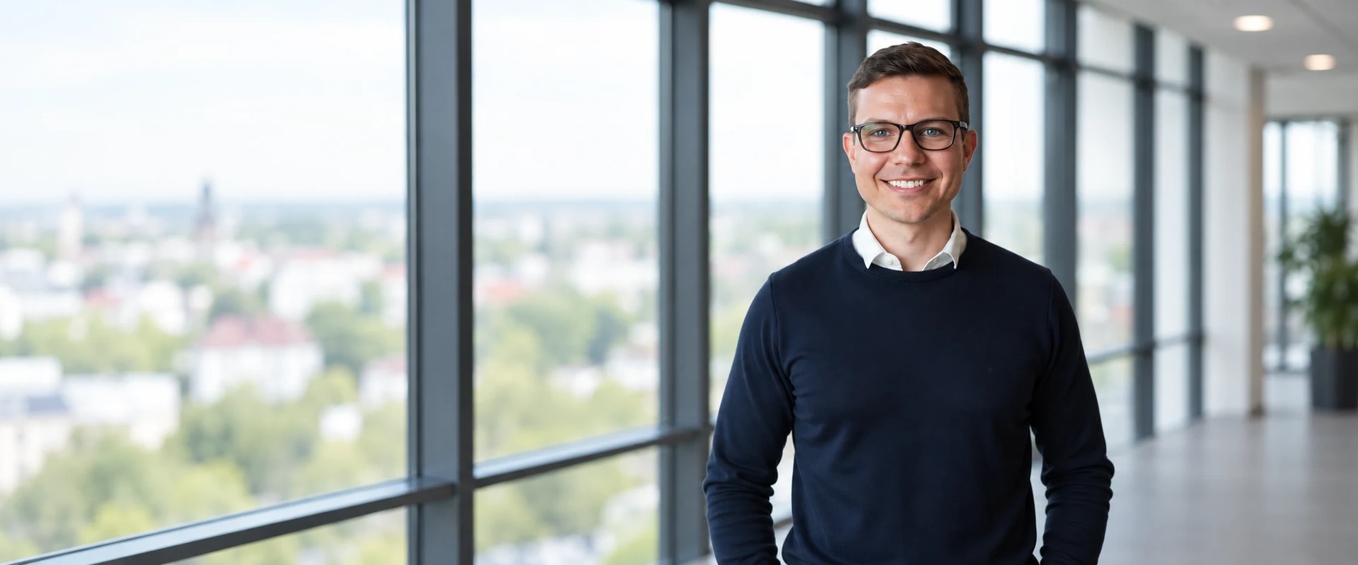 KI-generiertes Porträt von Fabian Klement im dunkelblauen Pullover vor einer hellen Fensterfront
